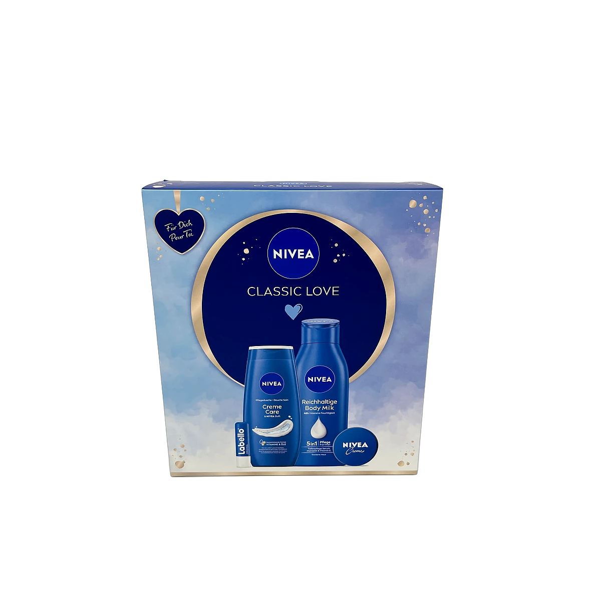 Nivea gift set Classic Love Creme Care shower gel 250ml+body milk 400ml+cream 30ml+Original Labello 4,8 g