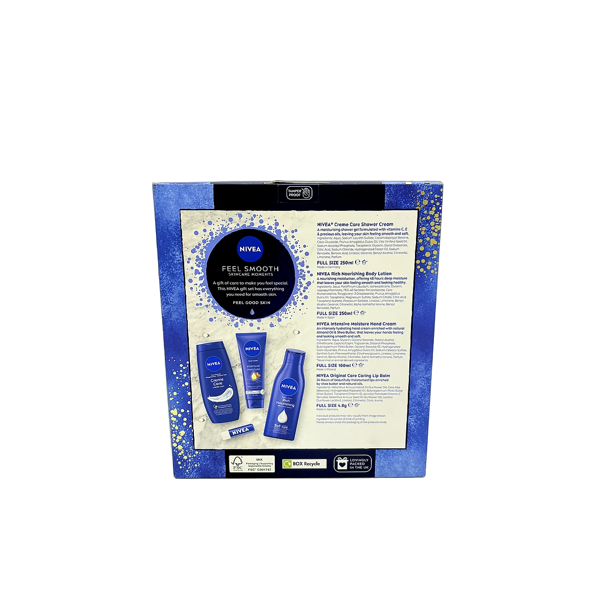 Nivea gift set Feel Smooth body lotion 250ml+shower gel 250ml+hand cream 100 ml+lip balm 4,8g - Slika 2