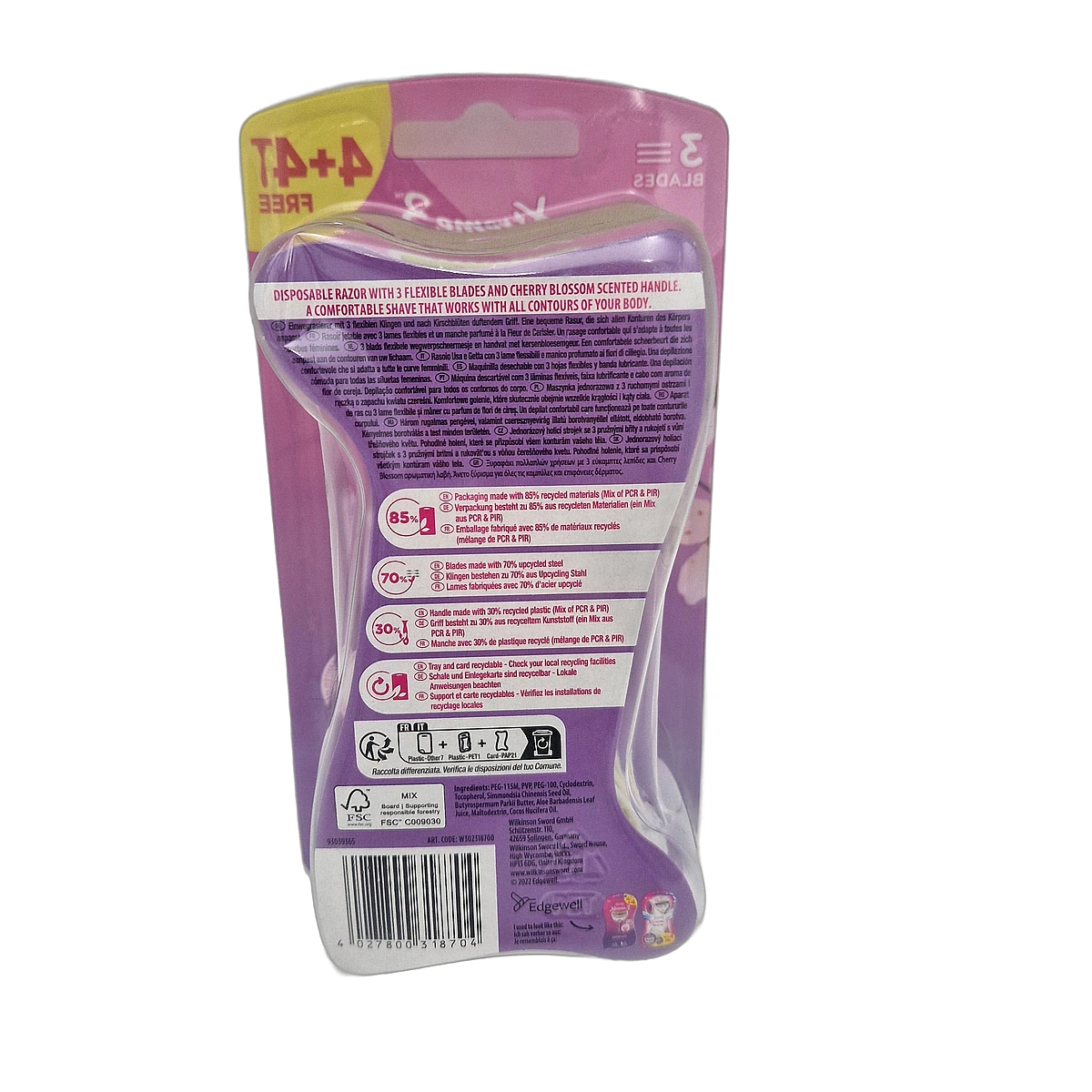 Wilkinson disposable razor women 4+4 pcs XTREME 3 My Intuition Comfort Cherry Blossom - Slika 2